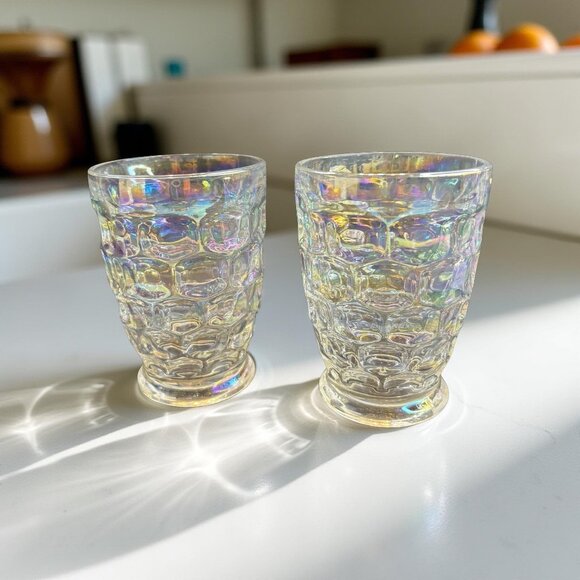 Set Of 2 Colonial Yorktown Iridescent Federal Glass Tumblers  6 oz  Thumbprint - Picture 7 of 7